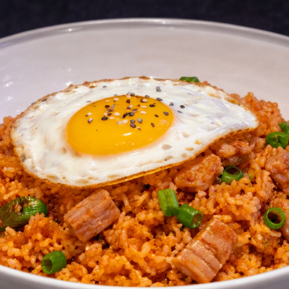 Bowl of spicy fried rice topped with a sunny-side-up egg, pork pieces, green onions, and sesame seeds.