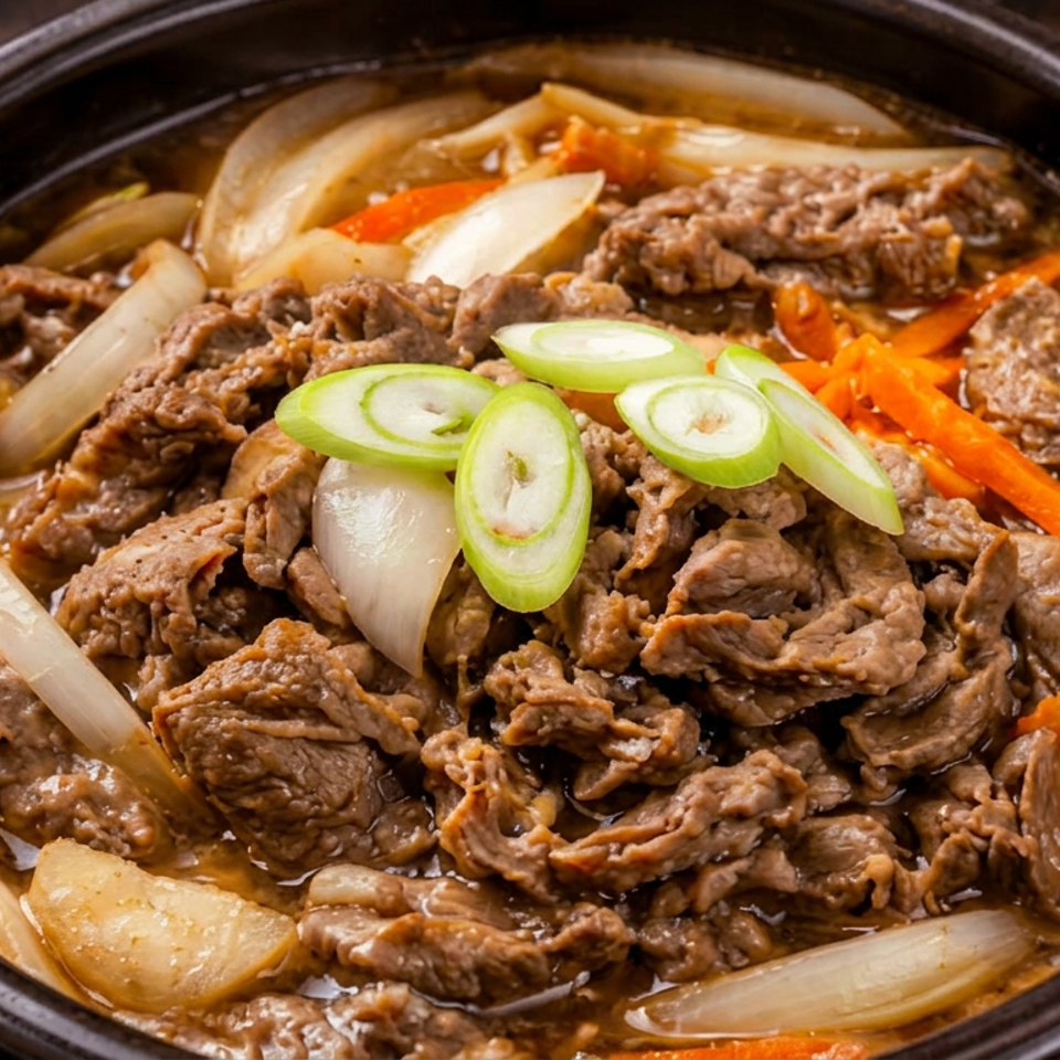 Korean-style beef stew with onions, carrots, and green onions in a black bowl.