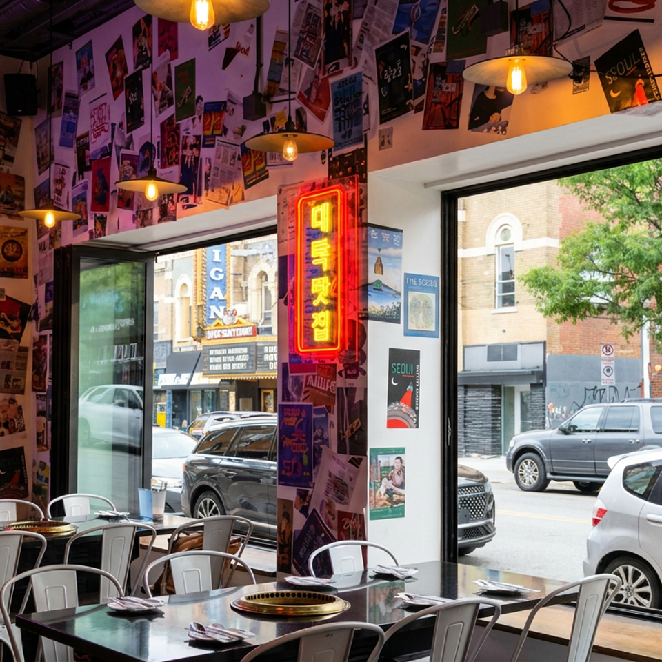 Eclectic restaurant interior with metal tables, warm pendant lights, poster-covered walls, neon signs, and street-facing windows.