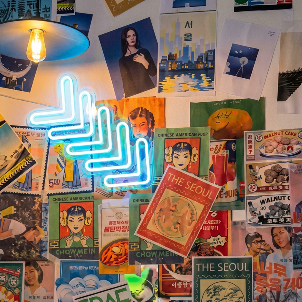 Colorful Seoul-themed collage wall featuring vintage Korean posters, food advertisements, a glowing neon sign, and hanging pendant lamp.