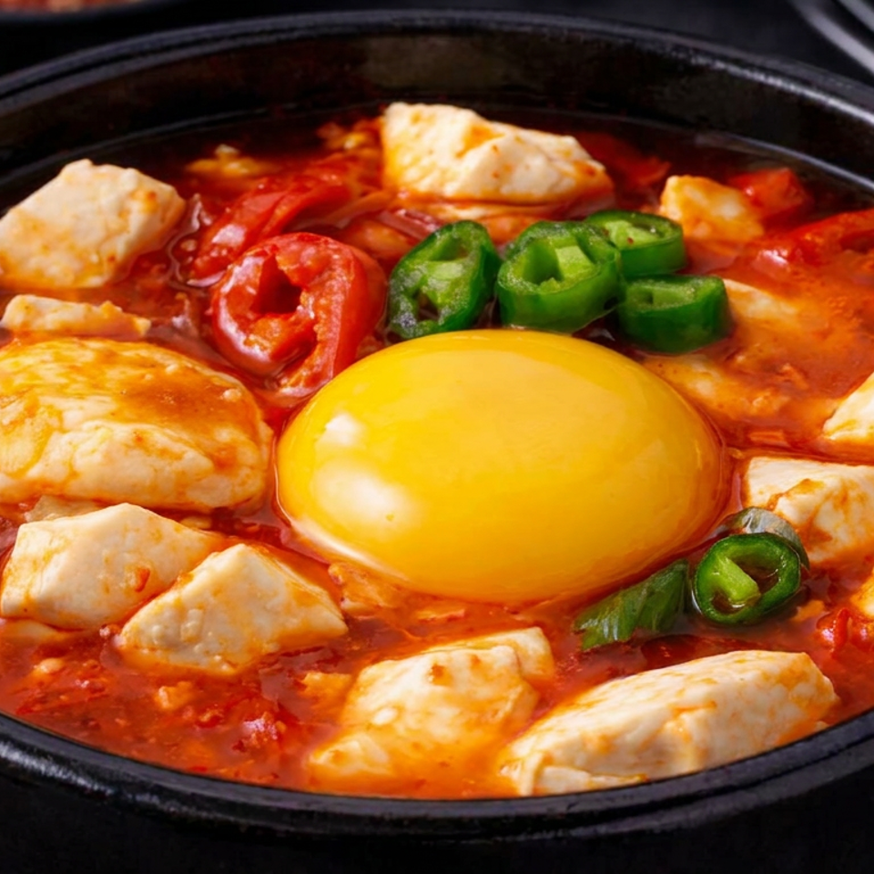 Spicy red stew in a black bowl topped with a raw egg yolk, dumplings, sliced chilies, and tomatoes.