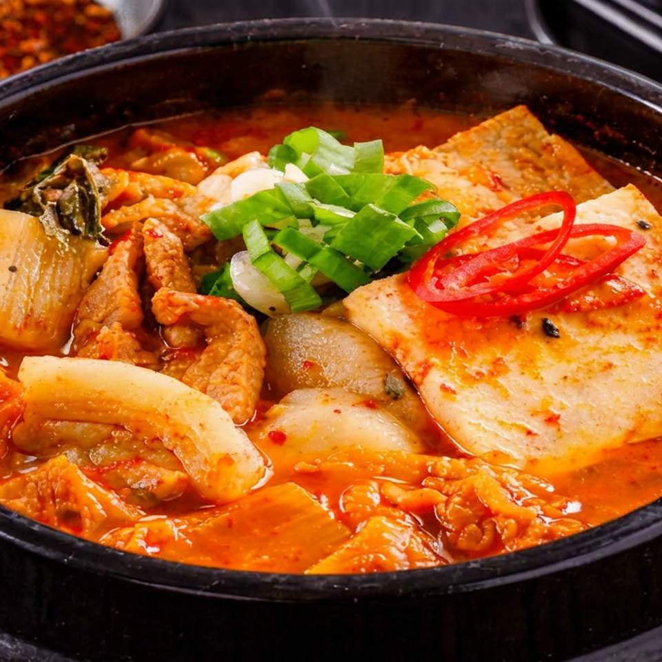 Korean spicy stew in a black bowl, topped with tofu, kimchi, meat, green onions, and red chili slices.