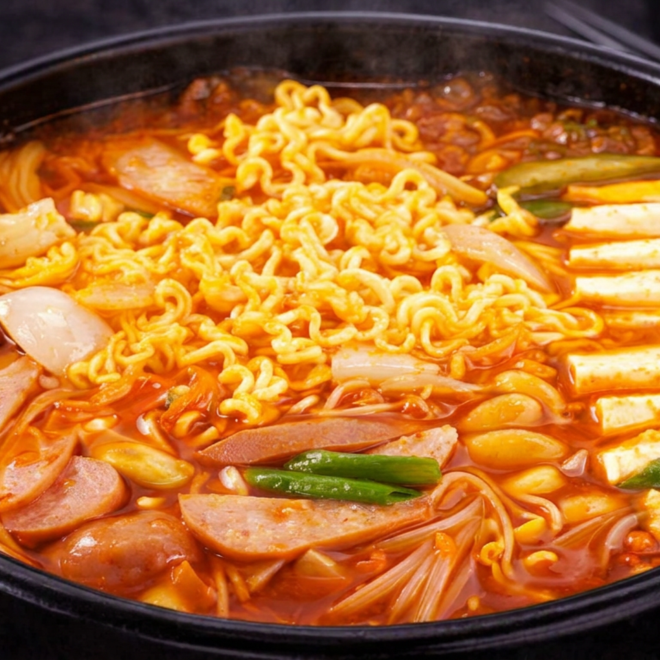 Korean budae-jjigae stew with ramen, sausages, tofu, vegetables, and green onions in a black pot.
